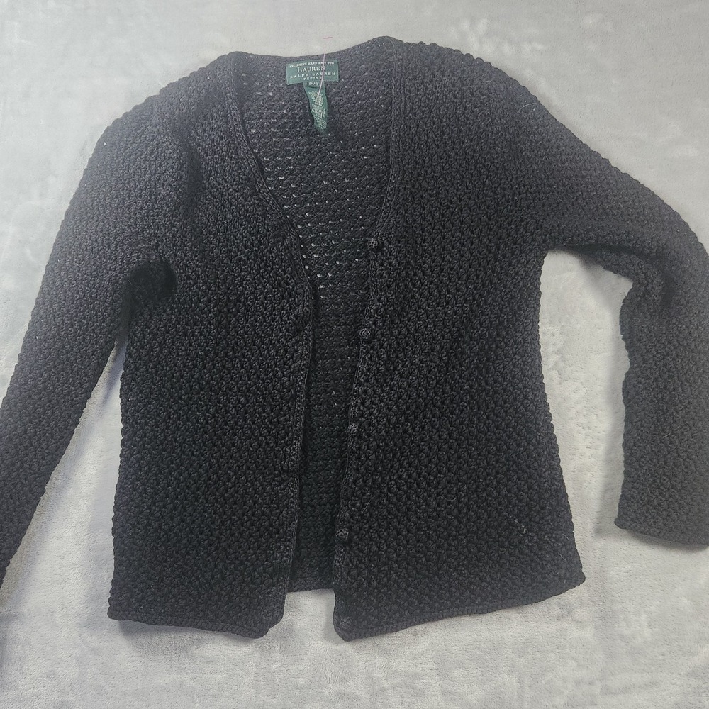 RALPH LAUREN HAND KNIT SWEATER WOMENS MEDIUM CARDIGAN BLACK OPEN KNIT EVENING